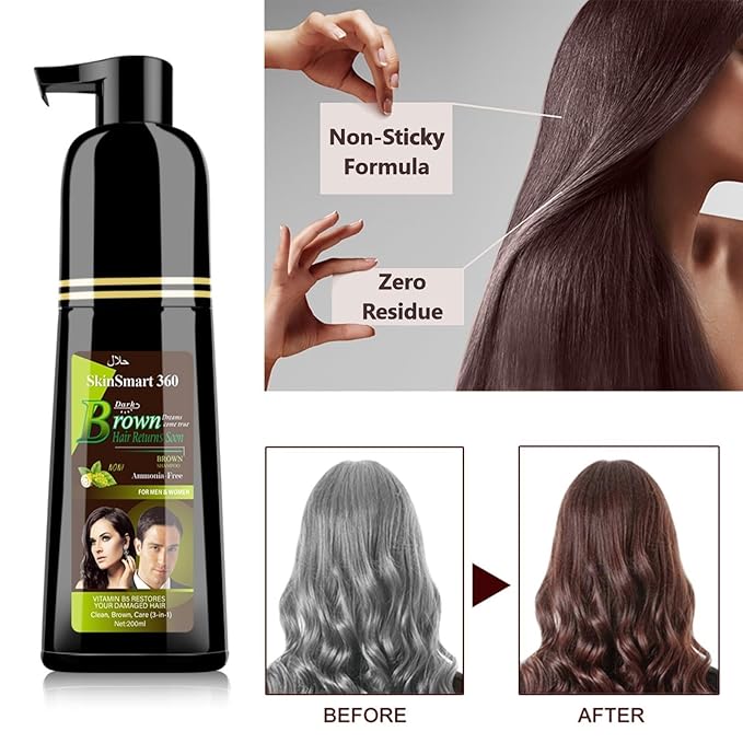 SkinSmart 360® No-Stain Hair Dye Shampoo – Full Gray Coverage for Men & Women, 3-in-1 Color + Cleanse + Condition, Natural Ingredients, Easy No-Mix Formula, 200 mL (Dark Brown)