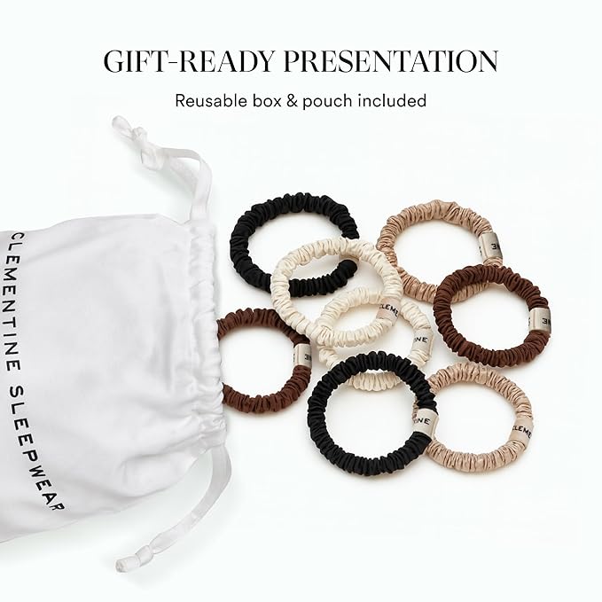 Clementine Sleepwear Organic Silk Scrunchie Set Ice Cream | 8 Skinny Scrunchies Made with GOTS Certified Silk for Frizz-Free Styling and Gentle Hair Care