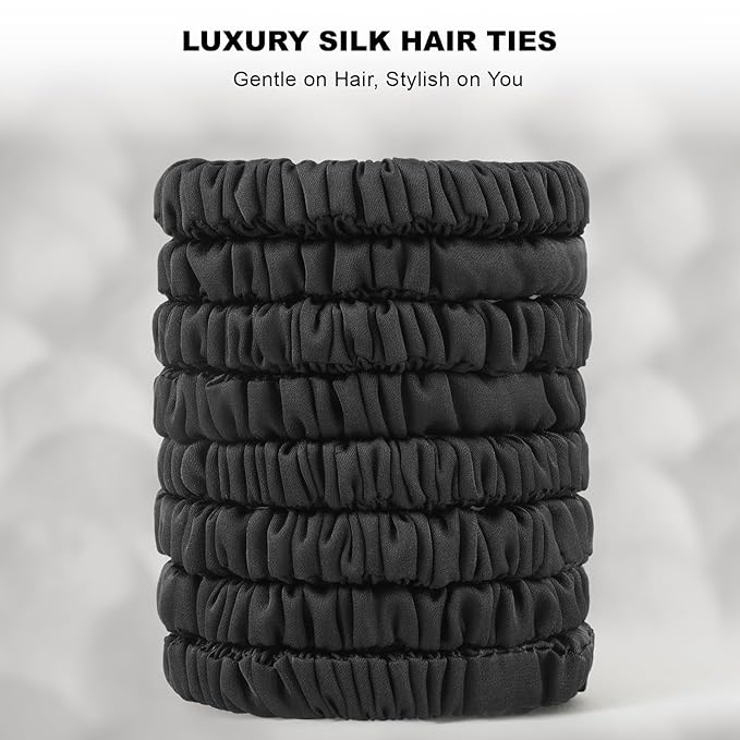 8Pcs Silk Scrunchies Hair Ties for Women & Girls, Mulberry Silk Scrunchies No-Damage Thin Satin Ponytail Holders for Hair Care