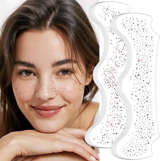 24pcs Glitter Freckles Face Tattoo - Rose Gold Face Sparkle Freckles Temporary Tattoos for Women Girls, Waterproof & Long Lasting Freckles Makeup Patches for Party, Concerts, Daily Accessories