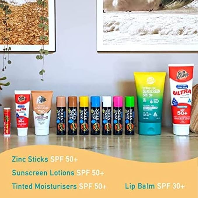Sun Zapper Zinc Oxide Sunscreen Stick – SPF 50+ Tinted 4-Pack (Pink, Blue, Green, Yellow) – Sunscreen Stick, Zinc Sunscreen, Water Resistant, Broad Spectrum UVA/UVB, Made in Australia