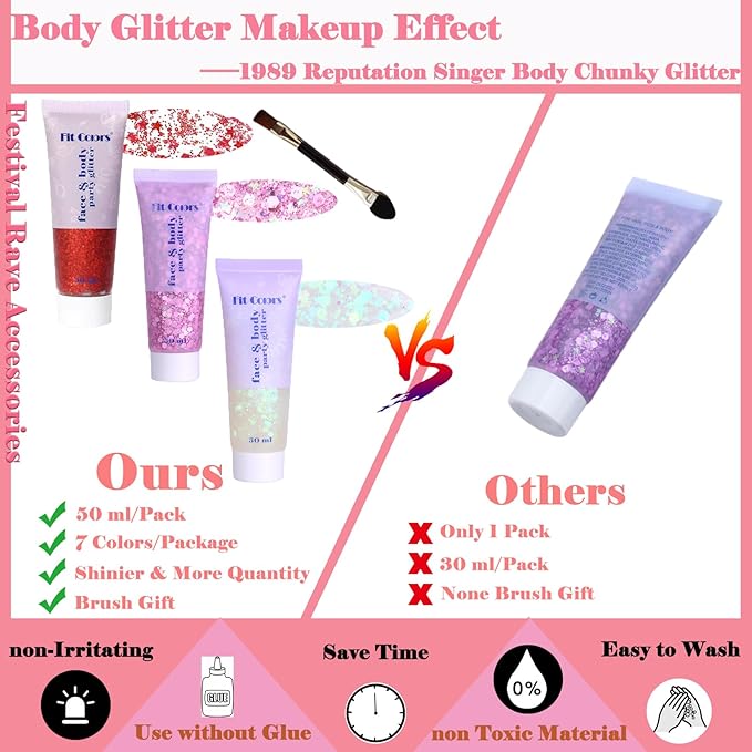 Body Glitter Face Glitter Gel: Singer Concerts Disco Festival Rave Accessories Face Glitter Makeup 150ml Chunky Sequins Mermaid Face Body Hair Glitter Gel (Red&White&Pink)