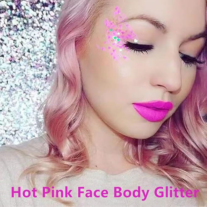 Go Ho Hot Pink Face Body Glitter Gel,Singer Concerts Hot Pink Face Paint Makeup,Holographic Chunky Sequins Glitters for Eye Lip Hair Nails,Festival Rave Accessories,52g