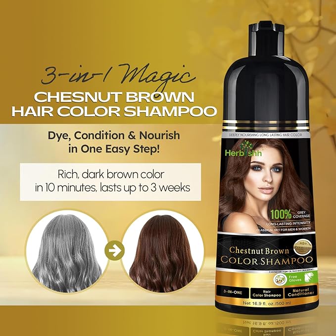 Herbishh Hair Color Shampoo for Gray Hair – Natural Hair Dye Shampoo – Lasts Up To 3-4 Weeks – 500ML – 3-In-1 Hair Color – Colors, Cleanses, and Conditions (Chestnut Brown Giftset)