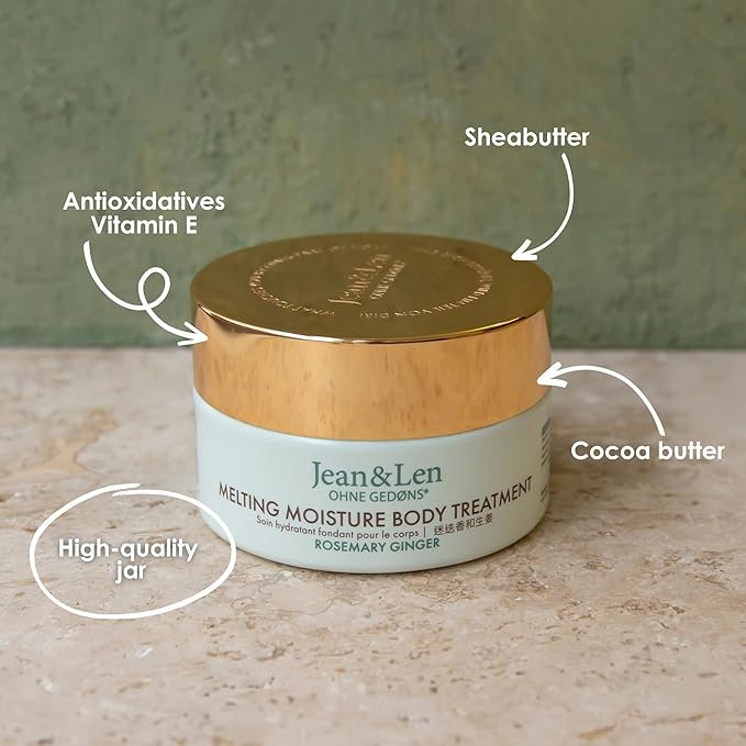 Jean & Len Melting Moisture Body Treatment Rosemary & Ginger, for a fragrant care result, for normal skin, nourishing body butter, without parabens & silicones, 6.76 Fl. Oz.