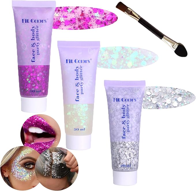 Body Glitter Face Glitter Gel: Singer Concerts Disco Festival Rave Accessories Face Glitter Makeup Chunky Sequins Mermaid Face Body Hair Glitter Gel (White&Silver&Purple)
