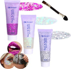 Body Glitter Face Glitter Gel: Singer Concerts Disco Festival Rave Accessories Face Glitter Makeup Chunky Sequins Mermaid Face Body Hair Glitter Gel (White&Silver&Purple)