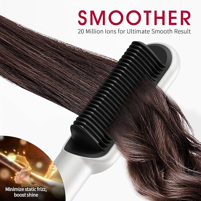 Hair Straightener Brush with Nano Titanium - 30s Fast Heat Ionic Straightening Comb, 9 Temp LED Display & Anti-Scald, Professional Styling Gift for Women