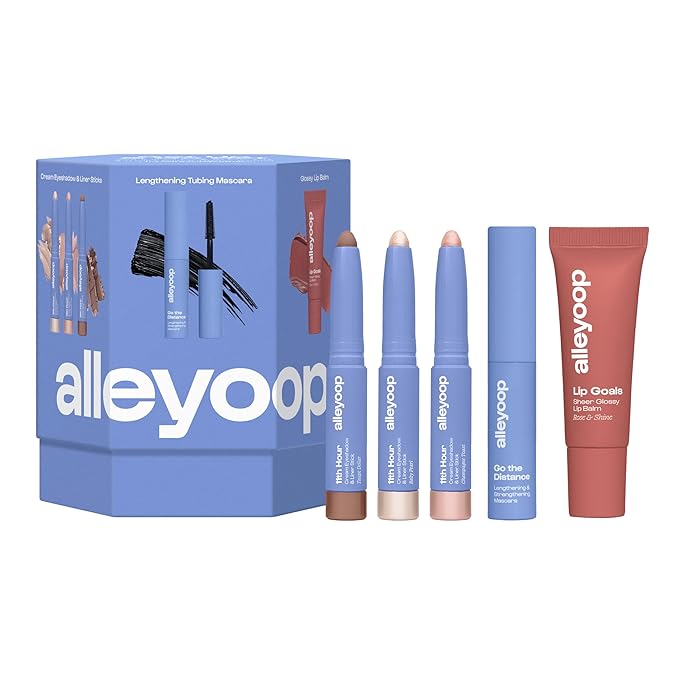 ALLEYOOP Everyday 5-Piece Essentials Kit - Makeup Set Includes 11th Hour Mini Eyeshadow Stick, Lip Goals Glossy Lip Balm & Mini Go To The Distance Mascara - Vegan & Cruelty-Free