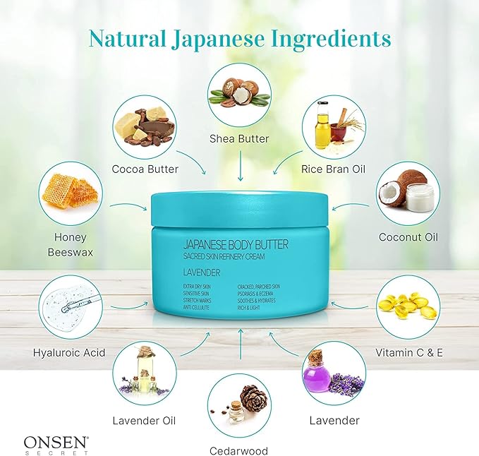 Onsen Japanese Body Butter for Women - Skin Refinery Cream Natural and Organic Shea Butter Moisturizing Clear Skin Exfoliator with Coconut Oil and Vitamin E - 8.6 fl oz / 255 ml (Lavender)