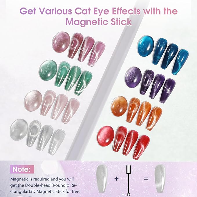 ROSALIND 8PCS Cateye Gel Polish with Magnet Stick - Magnetic Cat Eye Gel Nail Polish Sparkle Diamond Effect Magic Magnetic Glitter Soak Off Led Nail Art DIY Salon Gifts For Women