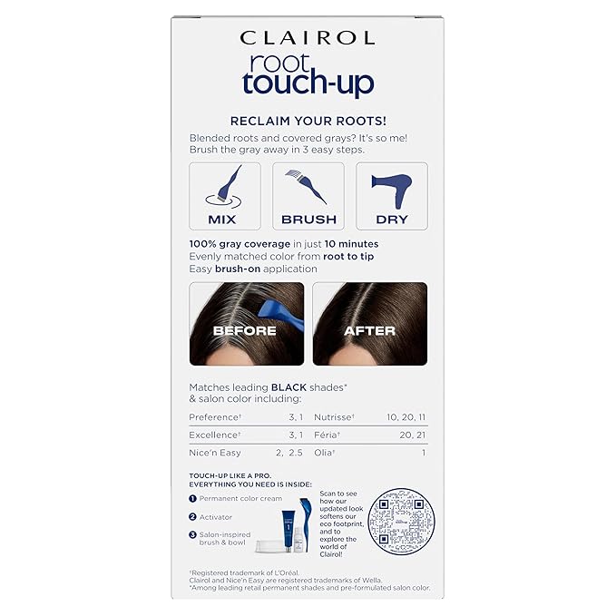 Clairol Root Touch-Up by Nice'n Easy Permanent Hair Dye, 2 Black Hair Color, Pack of 2