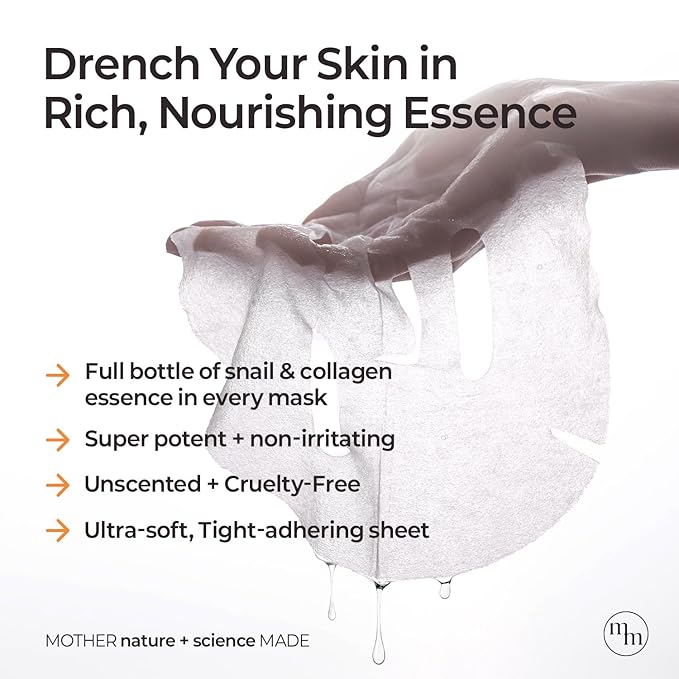 MOTHER MADE Glowing Glass Skin Hydrating Snail Deep Collagen Face Masks 10 EA, with Niacinamide 2%, Vitamin E, Facial Masks for Dry, Sensitive Skin, Kbeauty Essentials, Self Care, Korean Skincare