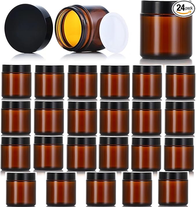 24 Pack 4oz Amber Glass Jars, Round Empty Cosmetic Jars with with Black Lids and Inner Liners, Reusable Glass Travel Containers for Homemade Creams, Candle, Skincare, Lotion