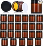 24 Pack 4oz Amber Glass Jars, Round Empty Cosmetic Jars with with Black Lids and Inner Liners, Reusable Glass Travel Containers for Homemade Creams, Candle, Skincare, Lotion