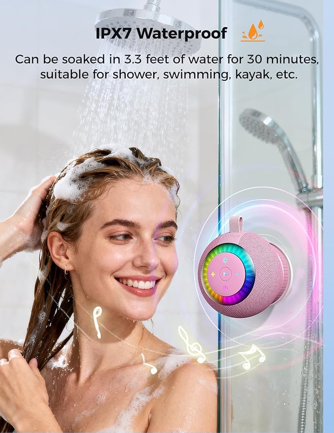 Shower Speaker Bluetooth Waterproof Portable: Birthday Christmas White Elephant Gifts Stocking Stuffers for Adults Teens, IPX7 Loud Sound with Suction Cup Removable, Cool Gadgets with Light-Pink