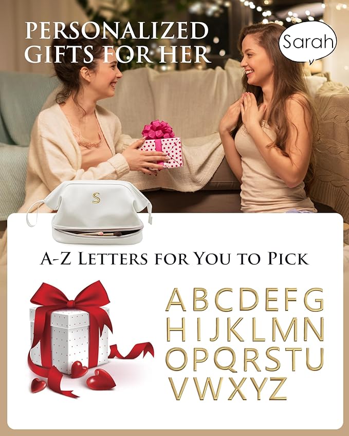 Wedding Gifts, Initial Makeup Bag, Daughter Gifts, Personalized Double Layer Cosmetic Bag with Makeup Brush Organizer, Large Capacity PU Leather Travel Toiletry Bag Cute Things for Girls