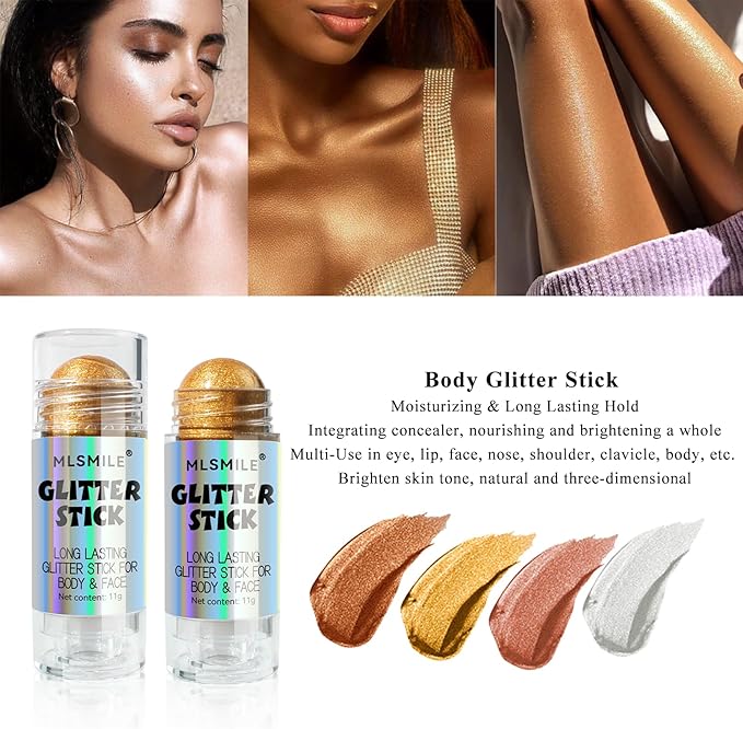 Gold Body Glitter Stick, Long Lasting Moisturizing Body Glitter for Women, Multi-Use Highlighter Makeup, Sparkling Face Glitter Mermaid Makeup for Kids, Travel Size for Daily, Festival, Party