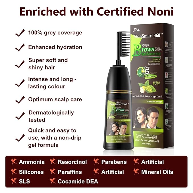 SkinSmart 360® No-Stain Hair Dye Shampoo – Full Gray Coverage for Men & Women, 3-in-1 Color + Cleanse + Condition, Natural Ingredients, Easy No-Mix Formula, 200 mL (Dark Brown + Magic Comb)