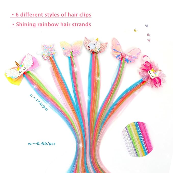 6 Pcs Unicorn Hair Bows Hair Clips For Girls Rainbow Hair Extensions For Kids Toddler Kids Ponytails Hand-made Cute Glitter Hair Accessories