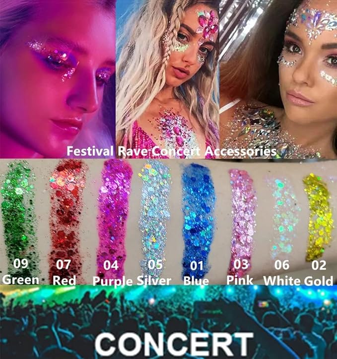 Go Ho Pink and White Body Glitter Set,Singer Concerts Face Glitter Gel Makeup,Holographic Long Lasting Chunky Sequins Glitters for Eye Lip Hair Nails,Festival Rave Accessories,White&Pink