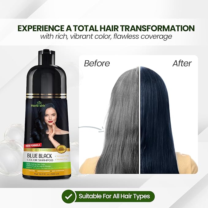 Herbishh Hair Color Shampoo - Magic Long-Lasting Hair Dye for Gray Hair Coloring in Minutes - 500 Ml - 3-In-1 Ammonia-Free Formula (Blue Black)