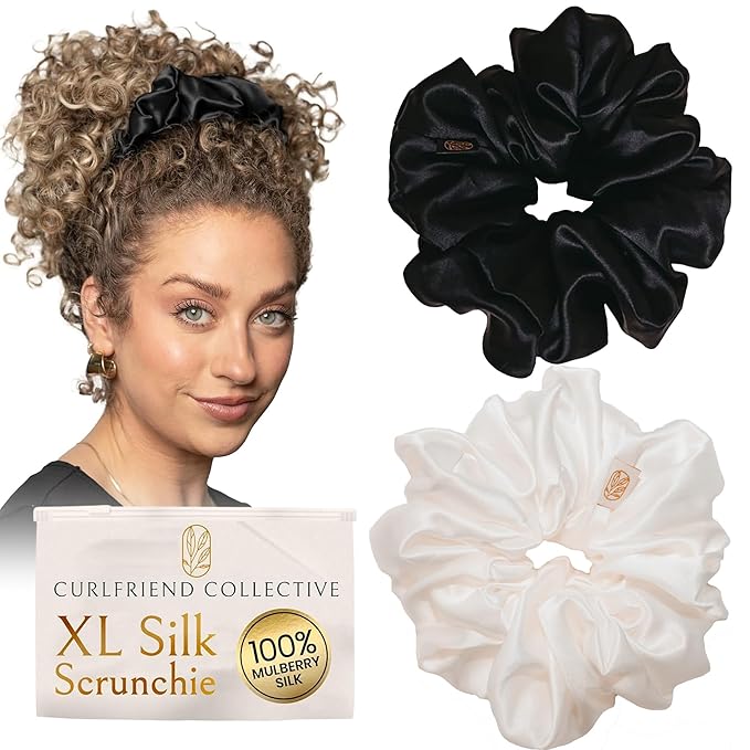 Oversized Mulberry Silk Scrunchies for Women – XL No-Damage Hair Ties for Curly, Thick & Thin Hair – Premium Hair Accessories – Black & White Bundle – Ponytail Holders by Curlfriend