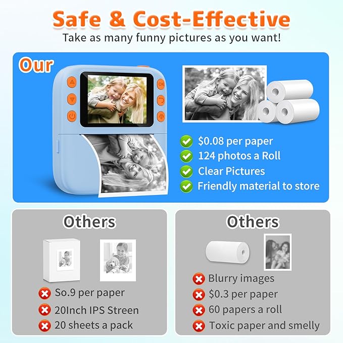 Instant Print Camera for Kids, Christmas Birthday Gifts for Girls Boys, 1080P Instant Digital Print Cameras for Toddler,Portable Toy for 4 5 6 7 8 9 10 Year Old Girl with 32GB SD Card，Light Blue