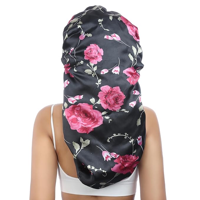 AWAYTR Long Satin Bonnet for Braids - Elastic Silk Hair Bonnets for Sleeping Night Cap Stretchy Tie Band for Women（Flower C）