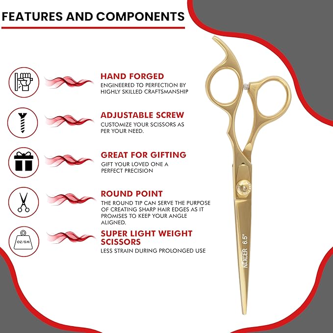 Hair Cutting Scissors -Sharp Razor Edge Blade Hair Shears Series - 6.5" With Fine Adjustment – Stainless Steel Hair Scissors Professional For Men, Women & Babies (Gold)