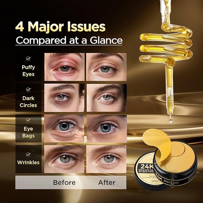 24k Gold Eye Patches - Firming, Glowing & Hydrating Hydrogel Mask for Puffy Eyes, Dark Circles, Wrinkles, Fine Lines, Eye Bags Treatment, Korean Skincare Gifts for Women and Men, 60Pcs