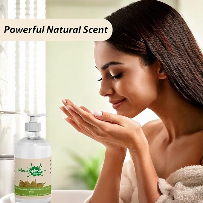 Shower Body Cream - Pear with Shea Butter, Collagen, Vitamin E and Aloe Vera - Moisturizing, Nourishing, and Soothing Skin Care - By Natural Splash.