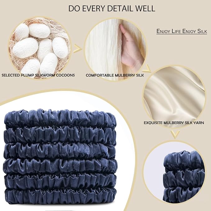 Suncdelv Silk,100% Silk Scrunchies for Hair,22 Momme Hair Ties for Anti-Crease & Breakage,Natural Women Hair Accessories，Fashion Hairbands 6PCS（Dark Blue）