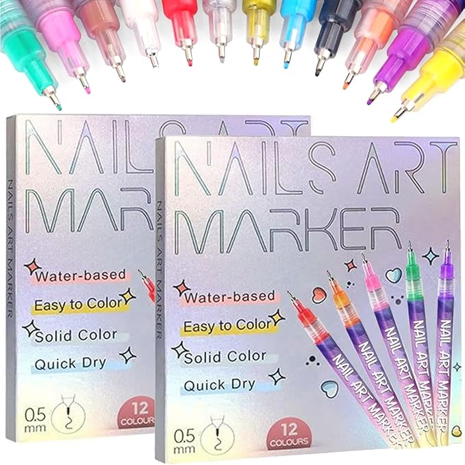 12 Colors Nail Art Pens Set,DIY Nail Art Markers 0.5mm Nail Polish Pens Quick Dry,Nail Art Pens for Painting Graffiti Manicure Home Salon,2 Set