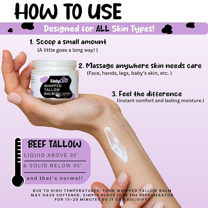 HolyCow Beef Tallow For Skin - Whipped Tallow Balm with Organic Jojoba Oil, Grass Fed Beef Tallow Face Moisturizer for Eczema, Baby, Lip Balm - Lotion For Extremely Dry Skin (Lavender Vanilla)