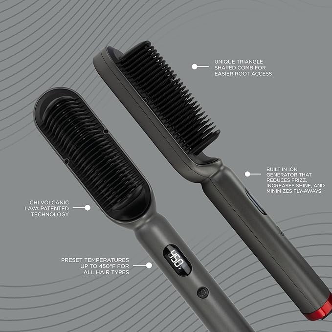 CHI Lava TriLume Heated Brush, Triangle-Shaped Comb for Natural Waves & Volume, Easy & Gentle Root Access, Reduces Frizz & Increases Shine