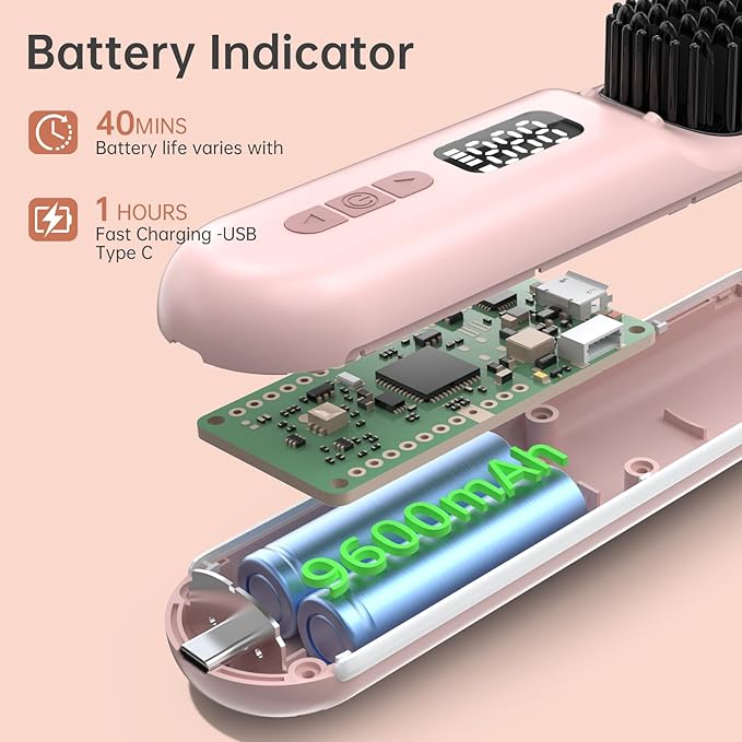 Hair Straightener Brush, Portable Cordless Mini Straightening Brush for Travel, 300M Negative Ions for Frizz-Free Shine, Fast Heating,Hot Comb Hair Straightener with 9 Temps for Women