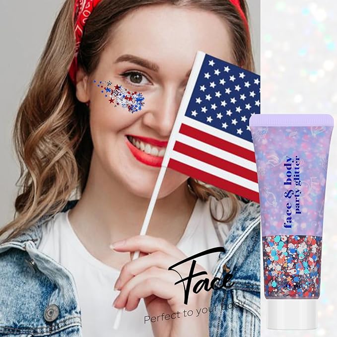 Red White Blue Face Body Hair Glitter Gel, USA Flag Pride 4th of July Patriotic Accessories Face Paint Glitter Makeup, 6 Kinds of Sparkling Sequins for Independence Day Patriotic Veterans Day