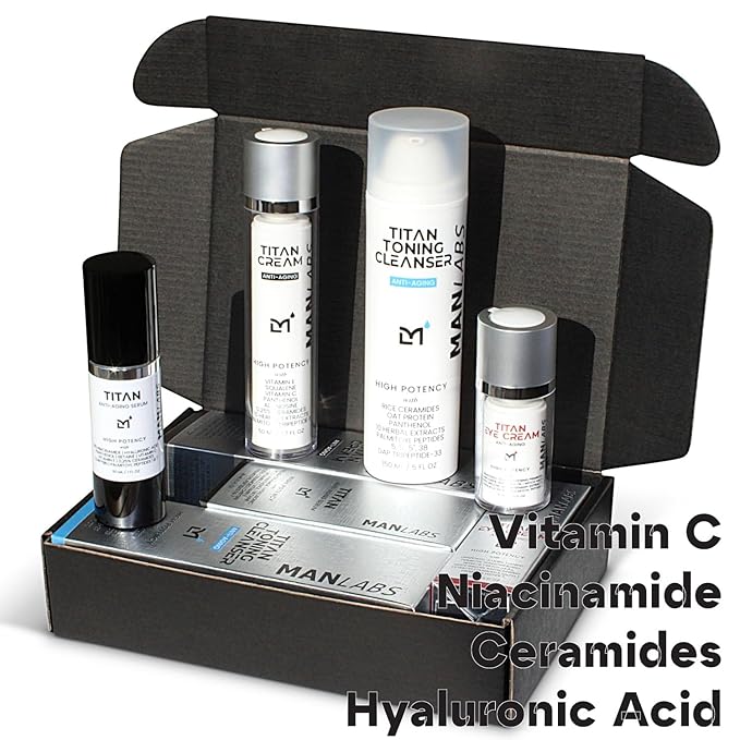 Titan Sports Anti-Aging Mens Skin Care Kit – Cleanser, Face Serum, Eye Cream, Face Moisturizer – Men, Skin Care Set – Dark Circles, Wrinkles, Fine Lines – Vitamin C, Niacinamide, HA–Unscented