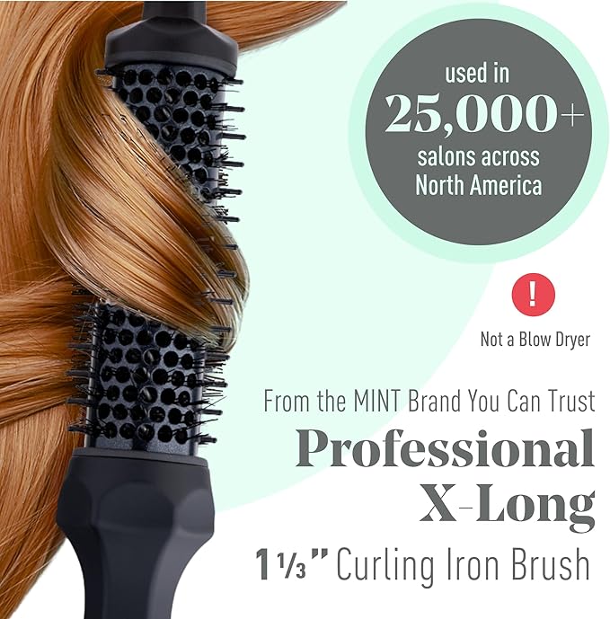 MINT Extra-Long 1 1/3 Inch Thermal Brush for Effortless Curls, Volume & Waves | 230-430°F 2-Heater Ceramic Curling Iron Brush Creates Long-Lasting Styles | Heated Round Styler