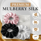 100% Pure 22 Momme Mulberry Silk Scrunchies (Set of 3) | Highest grade (6A) Luxury Hair Ties| (Black,White,Pink) | (White, Standard/Small/Skinny)