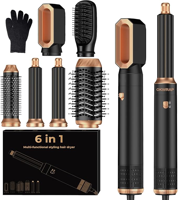 6 in 1 Blow Dryer Brush, Upgrade Hair Dryer Brush Set Negative Ion Air Styler Curling Wrap Air Curler, Hot Air Brush Curling Iron Hair Styling Tools As A Gift for Straight/Curl/Dry/Smooth