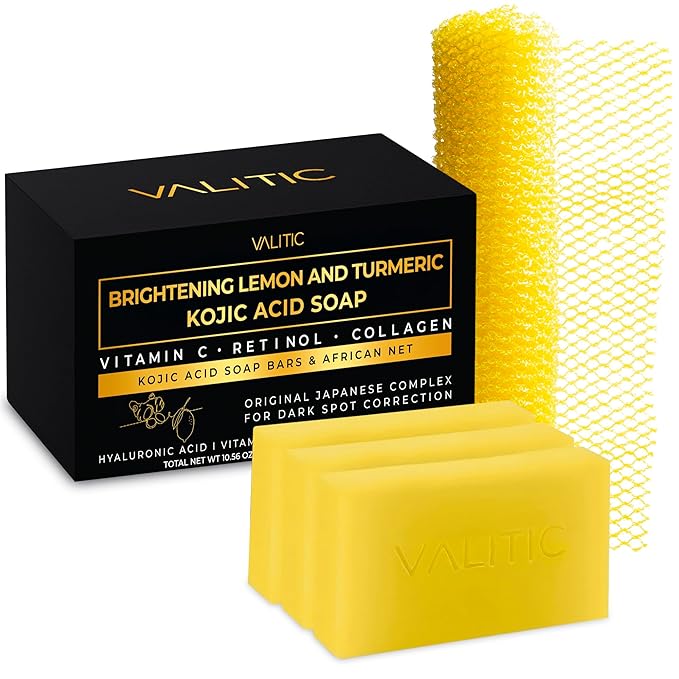 VALITIC Brightening Lemon & Turmeric Kojic Acid Soap, Vitamin C, Retinol - Original Japanese Complex with Hyaluronic Acid, Vitamin E, Shea Butter, Castile Olive Oil - 3 Pack Bundle with African Net