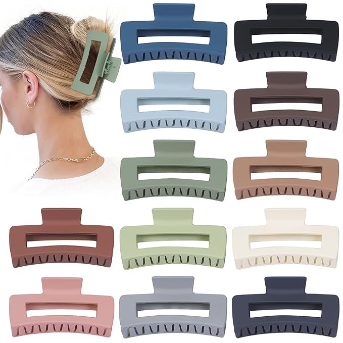 Hair Clip - Claw, 4.1 Inch Extra Large for Thick, Long, Curly Hair, 12 Pcs, 12 Rubber Paint and Plastic Materials, Non-Slip Design, Women and Girls Hair Accessories - Multicolor