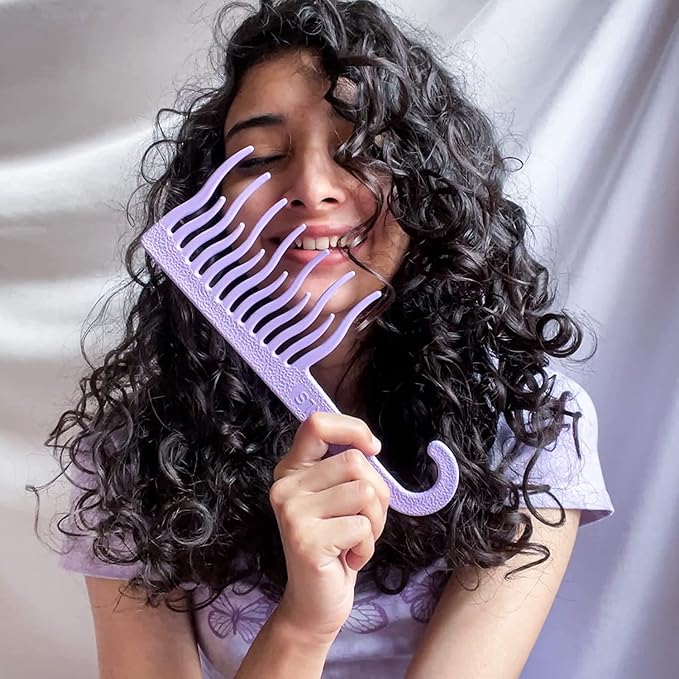 XO Curls Shower detangling hair comb, Wide tooth comb, Comb with hook for easy hanging in shower, Gentle on Scalp, Hair comb for with curly & wavy hair (Lavender)