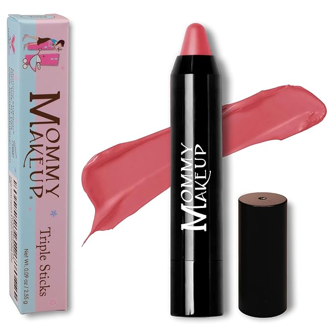 Mommy Makeup Triple Sticks Lipstick, Cream Blush & Treatment All-In-One with Shea & Cocoa Butter - Soft & Creamy Moisturizing Lip Crayon For Lips & Cheeks (Paris Pink)