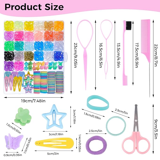 Colorful Rubber Bands Set, 2020Pcs Elastic Hair Ties with 5 Styling Tools 40Pcs Hair Clips Hair Accessories Valentines Day Gifts for Daughter