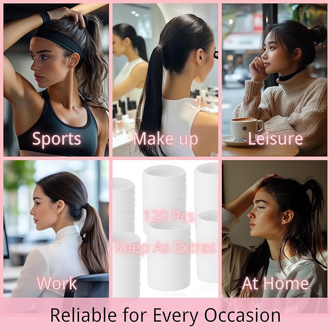 LuSeren 120 Pcs No Damage Hair Ties for Thick Hair, Large Soft Seamless Nylon Hair Elastics for Women, Ponytail Holders Accessories –White