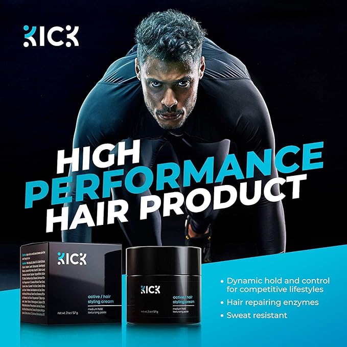 Kick Men's Medium Hold Hair Cream - Non Greasy, Thickening, Damage Control, Anti-Greying, Hydrating - 2 Oz
