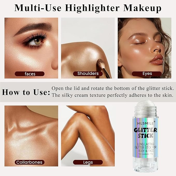 White Body Glitter Stick, Long Lasting Moisturizing Body Glitter for Women, Multi-Use Highlighter Makeup, Sparkling Face Glitter Mermaid Makeup for Kids, Travel Size for Daily, Festival, Party